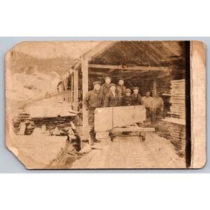 Antique RPPC Lumber Mill Workers Logging Camp Postcard 1904-1918 Sepia Photo